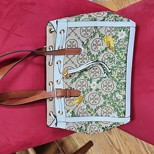 EUC Tory Burch T Monogram Jacquard Embroidered Gardenia Tote with Birds